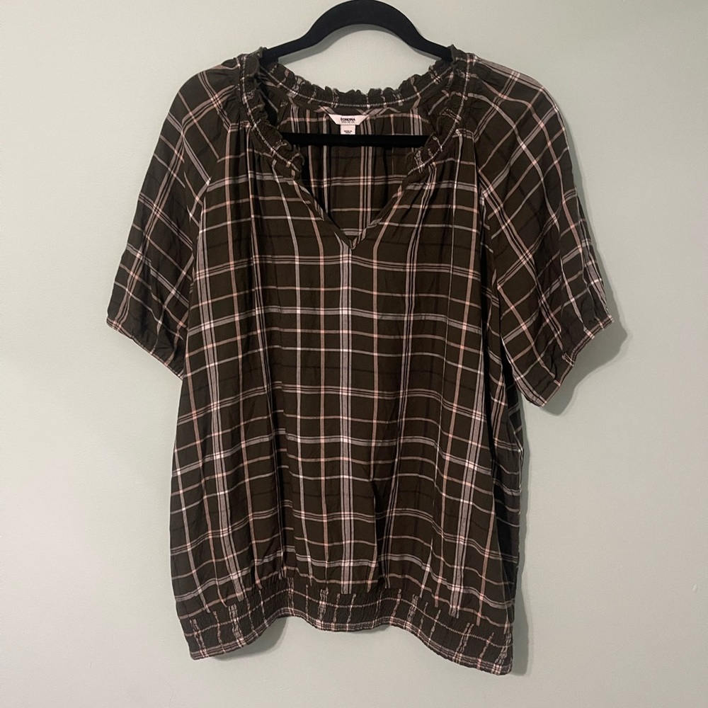 Sonoma Goods for Life Women Green Short Sleeve Plaid Blouse M   **ToaAlta**